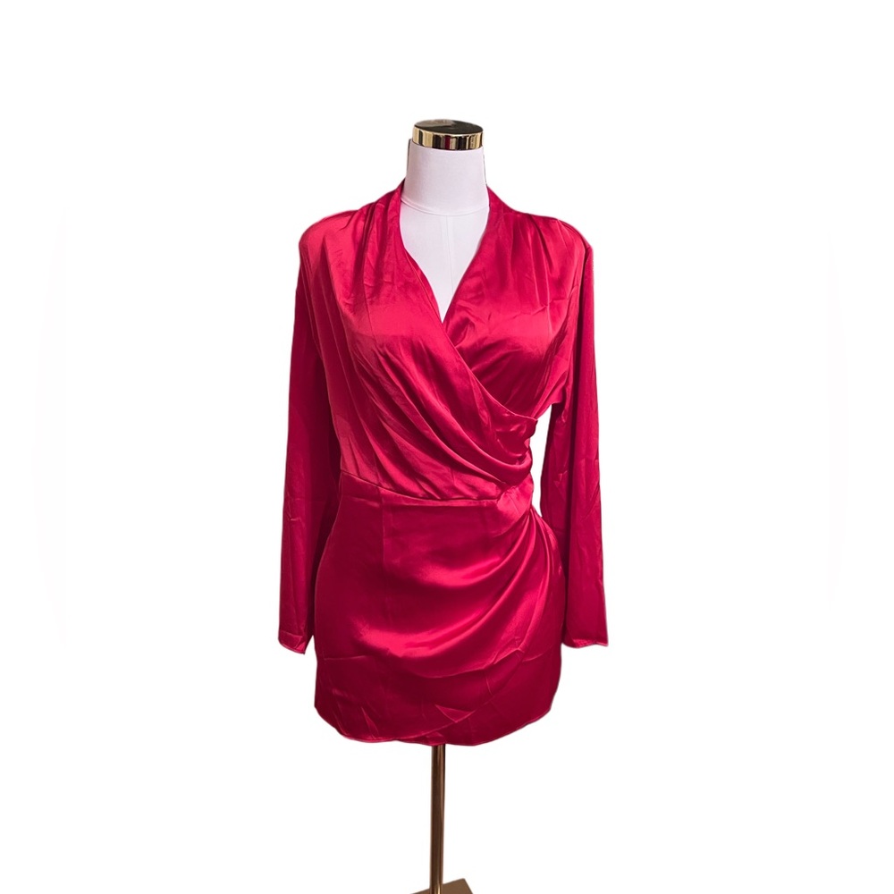 Red Satin Mini V-neck Dress